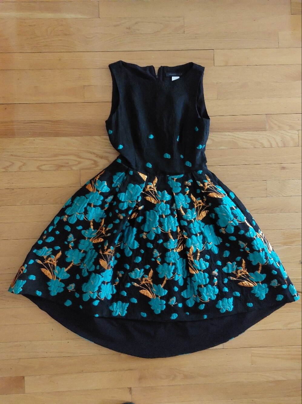 Forest Lily Black Asymmetrical Dress with Turquoise & Gold Floral Design